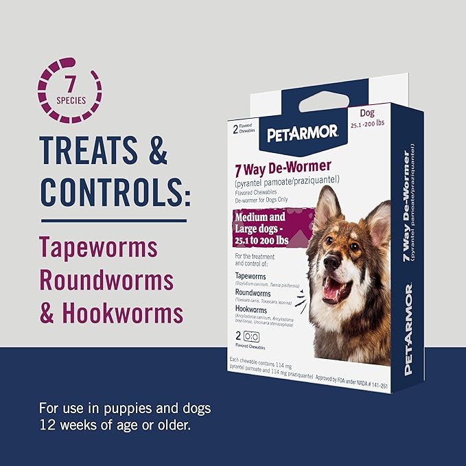 PetArmor 7 Way De-Wormer for Dogs, Oral Treatment for Tapeworm, Roundworm & Hookworm in Large Dogs & Puppies (Over 25 lbs), Worm Remover (Praziquantel & Pyrantel Pamoate), 6 Flavored Chewables
