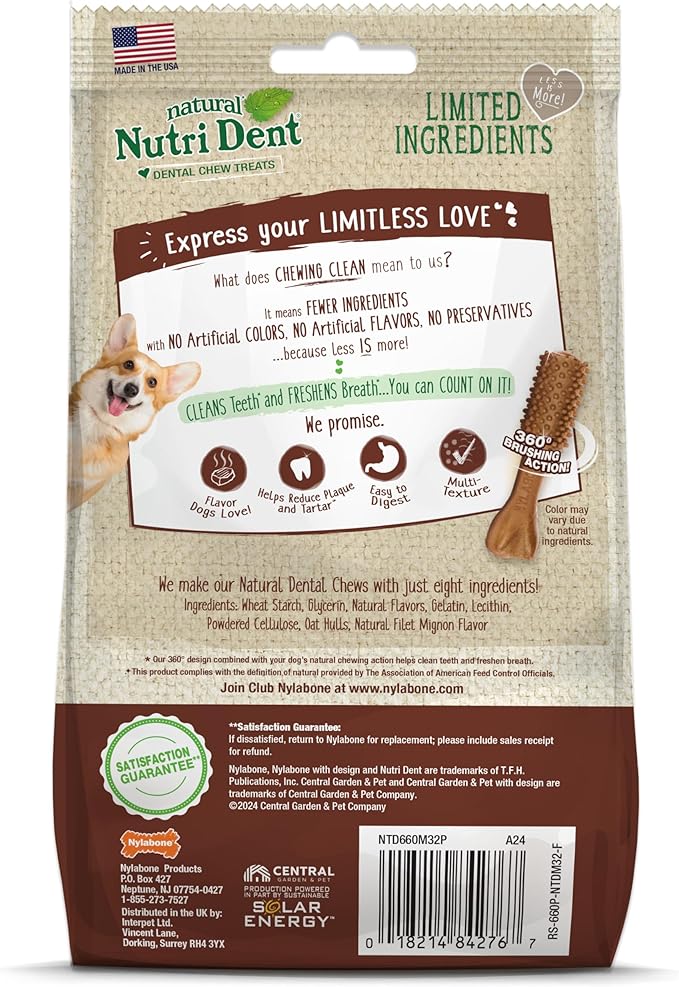 Nylabone Nutri Dent Dog Dental Chews - Natural Dog Teeth Cleaning & Breath Freshener - Dental Treats for Dogs - Filet Mignon Flavor, Mini (32 Count)