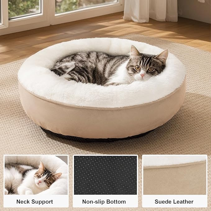 Love's cabin Round Donut Cat and Dog Cushion Bed, 20in Pet Bed for Cats or Small Dogs, Anti-Slip & Water-Resistant Bottom, Super Soft Durable Fabric Pet beds, Washable Luxury Cat & Dog Bed Camel