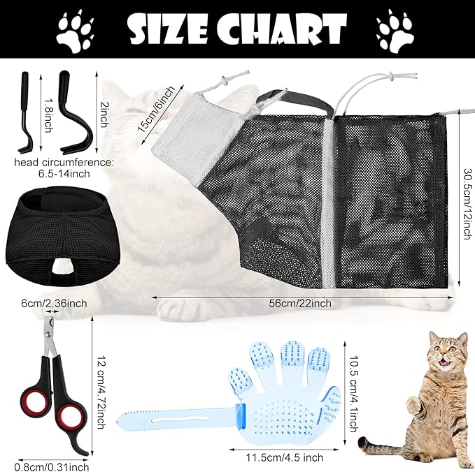 Patelai 5 Pcs Cat Bathing Bag Set Cat Grooming Bag Adjustable Pet Shower Net Muzzles Nail Clipper Tick Remover Tool Massage Brush(Black White)