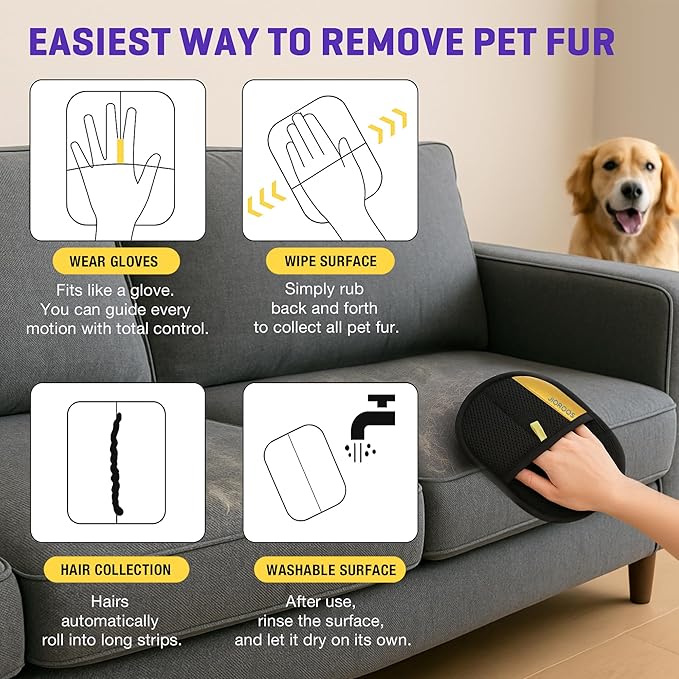 Pet Hair Remover Gloves for Cats & Dogs, Electrostatic Pet Hair Removal Gloves Brush for Pets Hair, Upgraded Animal Fur Removal Tool, Reusable Cats & Dogs Grooming Gloves for Hair Removal (1)