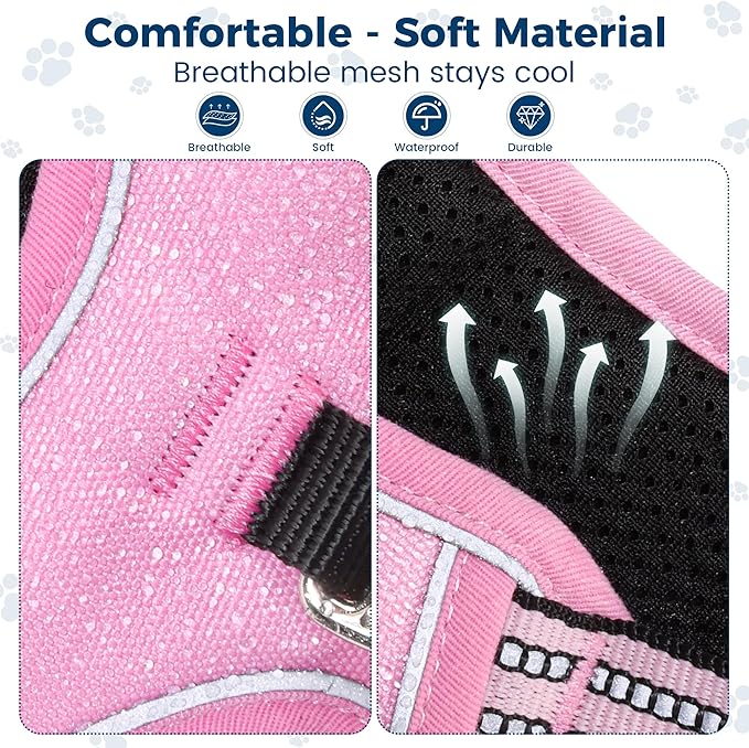 Funfox Dog Harness No Pull, Adjustable Pet Vest Harness, Super Soft Material with Vertical Handle Easy Control, Reflective Night Walking, 2 Leash Clips for Medium Sized Dogs, Pink, M