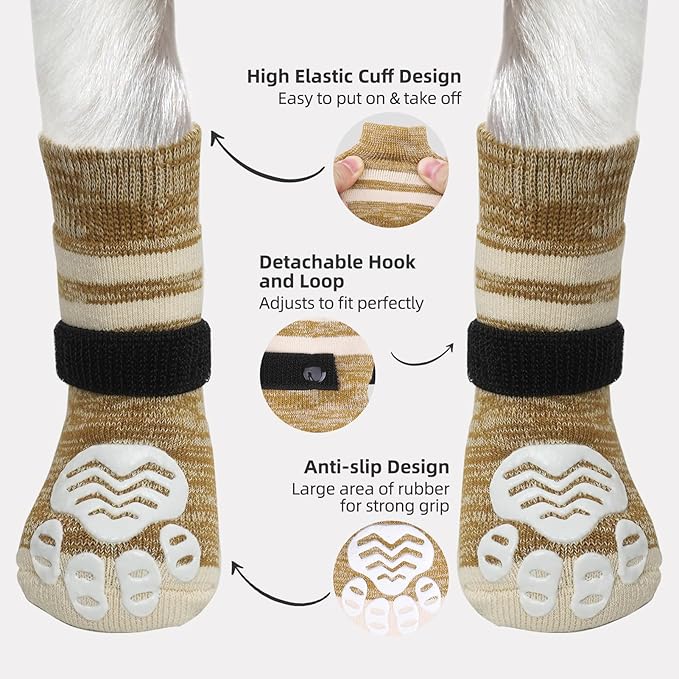 PUPTECK Non-Slip Dog Socks to Prevent Licking Paws, Double Sides Dog Boots & Paw Protectors Booties Traction on Hardwood Floors Hot Pavement with Grippers, for Small Medium Large Senior Dogs, Khaki L