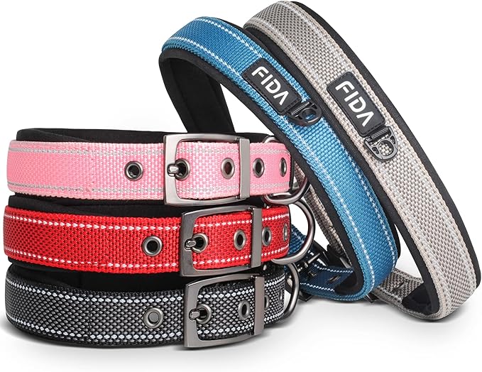 Fida Heavy Duty Dog Collar, Ultra Comfortable Soft Neoprene Padded, Adjustable Reflective Nylon Pet Collar with Durable Metal Belt Buckle for Large Breeds (L, Pink)