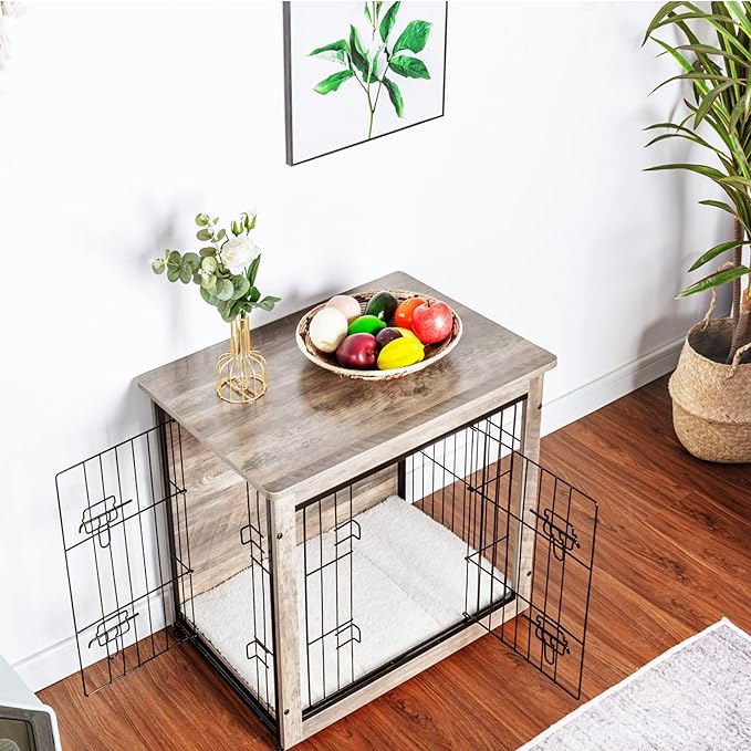 DWANTON Dog Crate Furniture with Cushion, Wooden Kennel Table with Double Doors, Indoor Dog House, Small/Medium/Large/Extra Large Size, 27.2" L, Greige