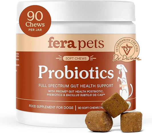 Fera Pets Probiotics for Dogs with Prebiotics and Postbiotics - Full Spectrum Gut Health Support - Promotes a Balanced Gut Microbiome - Boosts Immune Health - 90 Soft Chews
