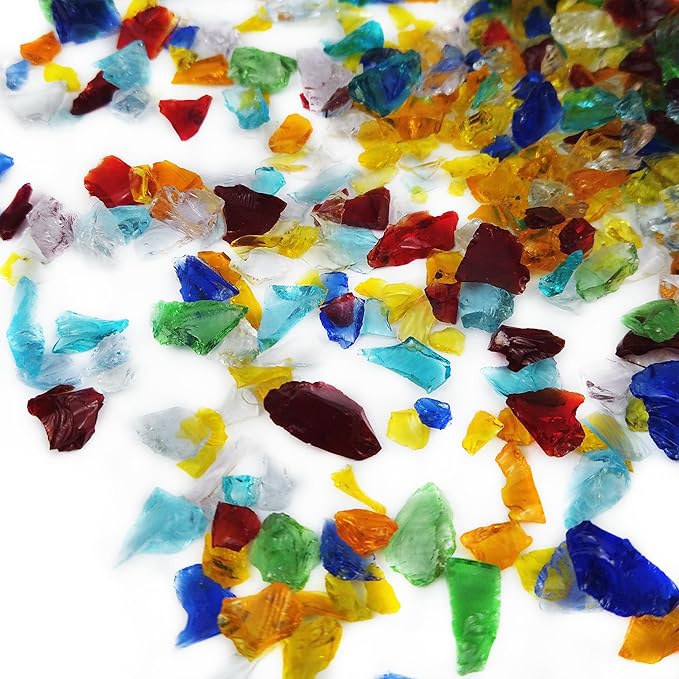 TWINKLING High Luster Crushed Glass, Broken Glass Chips for Fire Pit DIY Resin Art Epoxy Crafts, Nail Art, Geode Painting, 6-9mm(370g/13oz.) (Mixed Color)