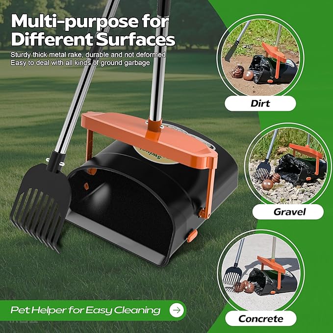 UPSKY Dog Pooper Scooper Swivel Bin & Rake Kit with 100 Waste Bags,33.4" Stainless Steel Long Handle Heavy Duty Pet Poop Shovel for Large Medium Small Dogs, Odor-Proof Lid for Yard/Lawn/Outdoor Use