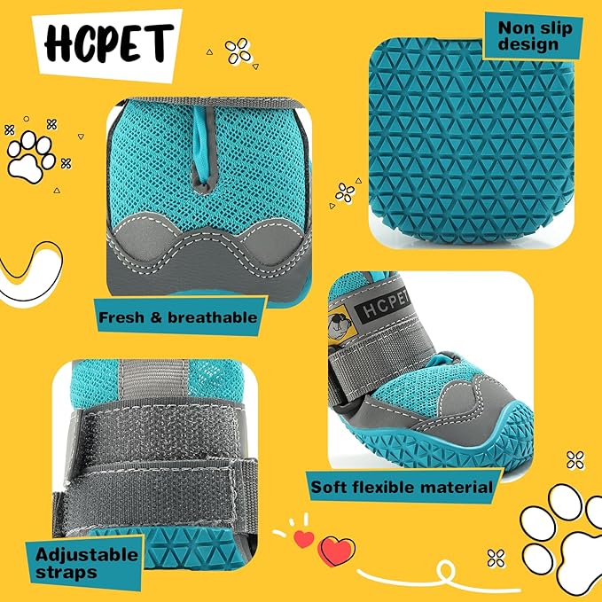 Hcpet Dog Shoes for Large Dogs, Breathable Dog Booties for Small Medium Dogs, Anti-Slip Dog Boots & Paw Protectors for Hot Pavement Winter Snow Hiking with Reflective Straps Blue Size 4