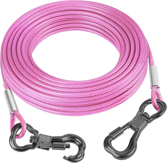 Tresbro 15FT Reflective Tie Out Cable for Dogs Up to 250 Pounds, Steel Wire Lead Leash Cable with Stainless Rotatable Buckle, Lightweight and Enduring, Dog Chains Outside for Outdoor, Yard, Pink