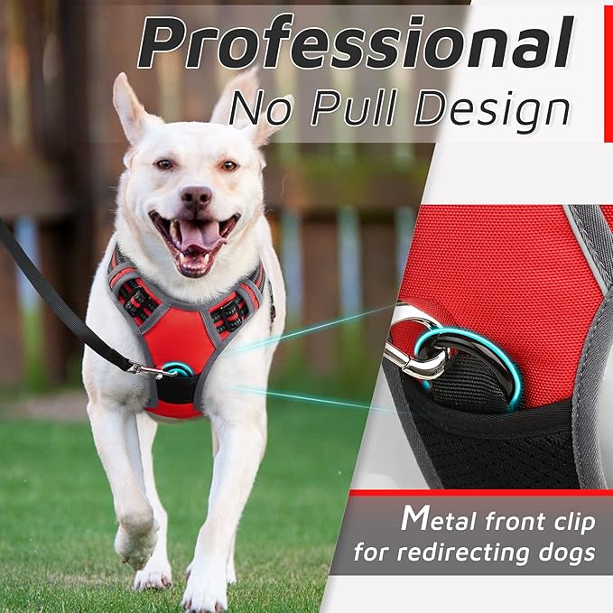 Eagloo Dog Harness Large Breed, No Pull Service Vest with Reflective Strips and Control Handle, Adjustable and Comfortable for Walking, No Choke Pet Harness with 2 Metal Rings, Red, XL
