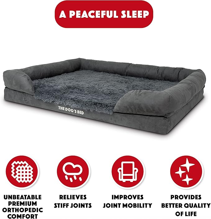 The Dog’s Bed, XXL Grey Fur Memory Foam, Pain Relief: Arthritis, Hip & Elbow Dysplasia, Post Surgery, Lameness, Supportive, Calming, Waterproof, Washable Cover, Veterinary Approved
