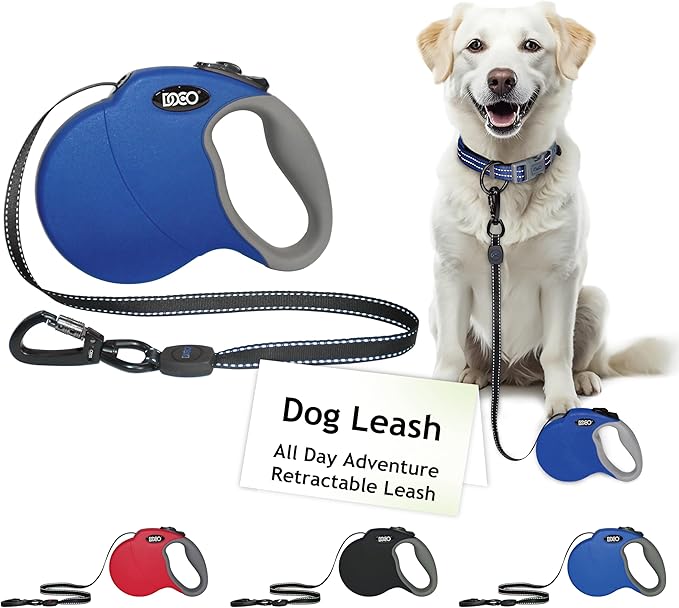 DOCO Retractable Dog Leash for Large Dogs (Length - 16’, Weight - Upto 45lb) Reflective Tape Lead with Stop and Lock Control, Tangle Free 360° Swivel Snap & Anti-Slip Grip (Blue, Medium)