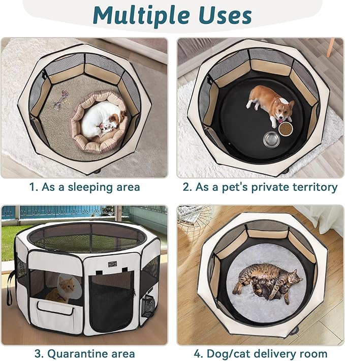 PETSFIT 29" Puppy Playpen with Removable Waterproof Mat & Zippered Roof | RV, Camping, Travel Dog Pen | Indoor/Outdoor Whelping & Cat Observation Space(29.5"x29.5"x16.5"H)