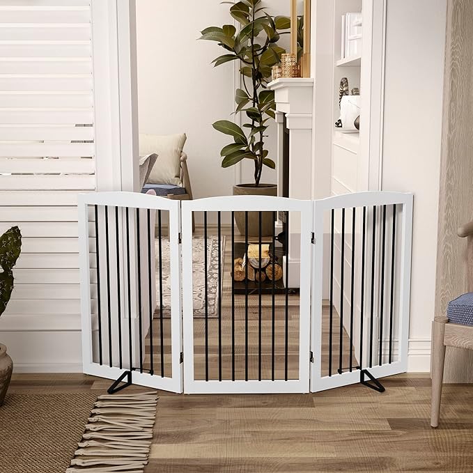 Freestanding Pet Gate for Dogs, Foldable Wooden Dog Gate for House Indoor, Tall Pet Fence for Stair, Doorway,Hall, Support Feet Included, 3 Panels 32",White