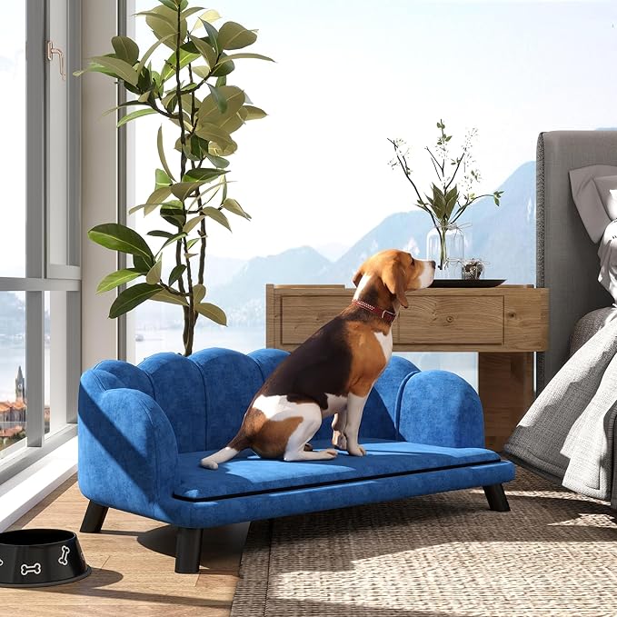 PawHut Velvet Large Dog Couch with Foam Cushion, Soft and Cute Bed with Pearl Design, Sofa for Big and Medium Dogs, Dark Blue