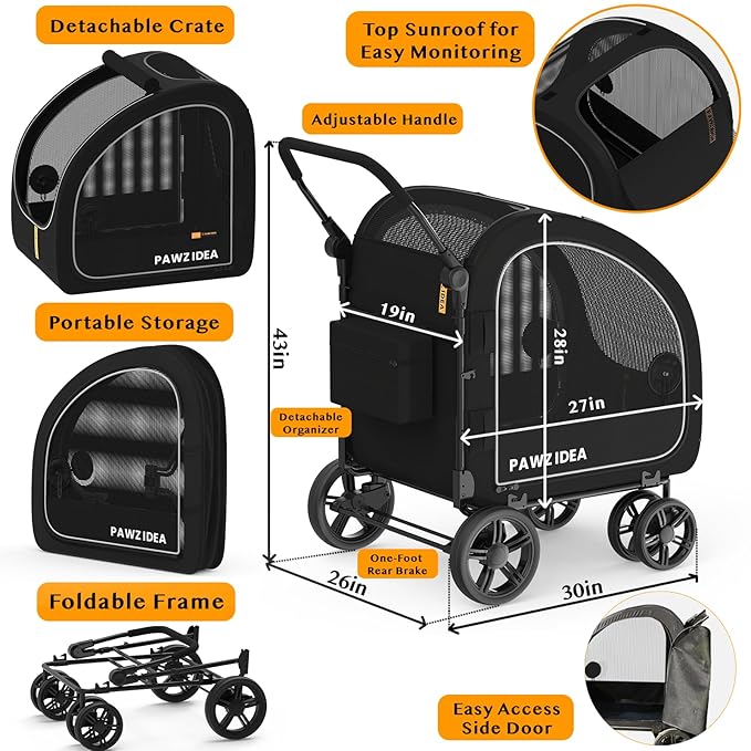 PAWZIDEA Dog Stroller for Large Dogs, Pet Stroller with Detachable Carrier for Portable Dog Crate for Car Seat, Foldable Dogs Jogger Strollers, All Terrain 9” Wheels, Adjustable Handle, Storage Bag