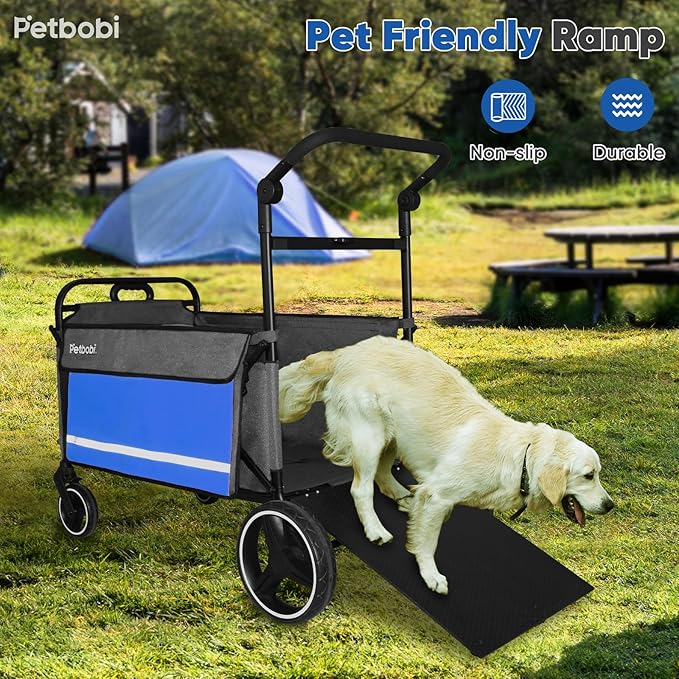 Petbobi Dog Wagon Stroller for Large & Medium Dogs - 2-in-1 Push-Pull Pet Stroller with Ramp, Foldable All Terrain Wagon Cart, One-Step Brake, Suitable for Outdoor Walks & Camping, Blue
