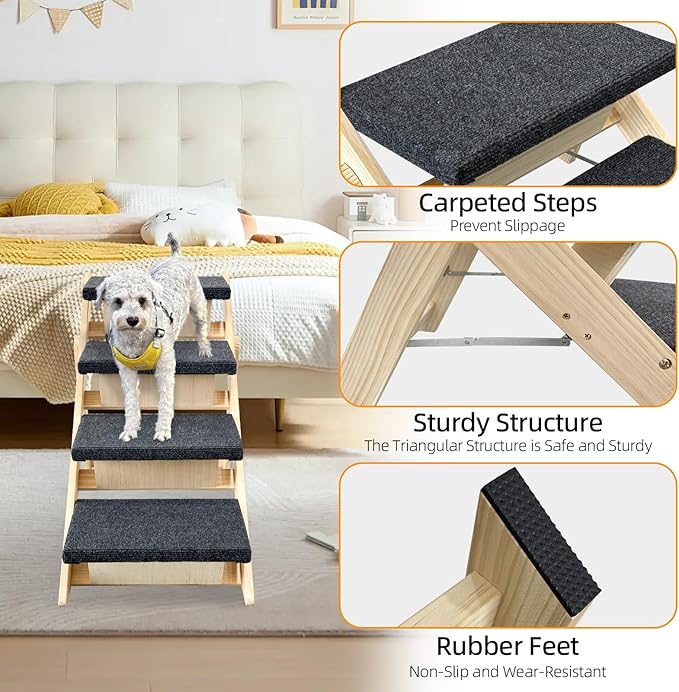 Dog Stairs/Ramp for Bed, Wooden Convertible Pet Steps, Portable Dog Ladder Up to 180 Pound for Elderly/Short-Legged Dogs, 4 Steps for Beds, Couch, Cars