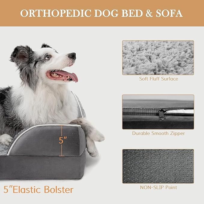 Comfort Expression Waterproof Orthopedic Foam Dog Beds for Extra Large Dogs Durable Dog Sofa The Pet Bed Washable Removable Cover with Zipper and Non-Slip Bottom Bolster