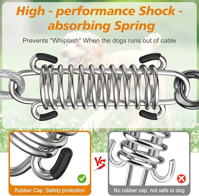 Tresbro 40 FT Dog Tie Out Cable with Spring, Shock Absorbing Tether Chains for Outside Aavilable in 10/15/20/25/30/40/50/70/100/120 FT, Heavy Duty Leads for Yard for Medium & Large Dogs Up to 500 LBS