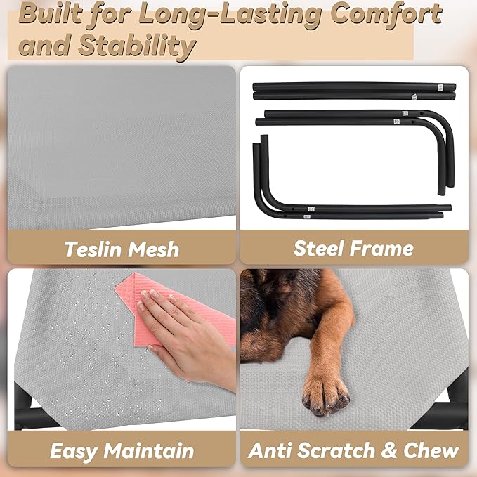 PHYEX Elevated Dog Bed for Large Dogs, Raised Dog Bed with Breathable Mesh, Non Slip, Easy to Clean, 50.5 Inches, Grey