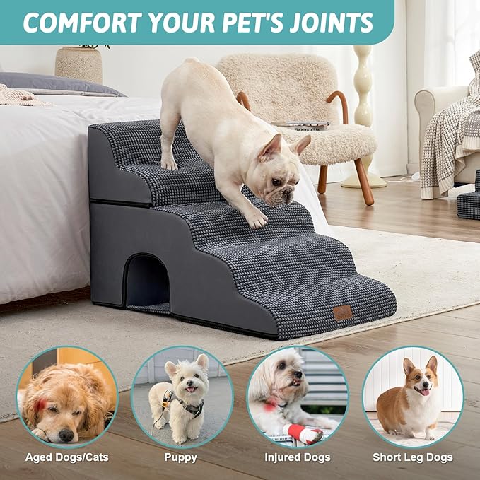 Extra Wide Dog Stairs with Tunnel, Detachable Large Pet Step for Small Medium Dog, Puppy or Cat, Ramp for High Bed, Couch, Sofa or Car, Stable, 19.7x33x22.4 inch, 5 Step, Dark Grey