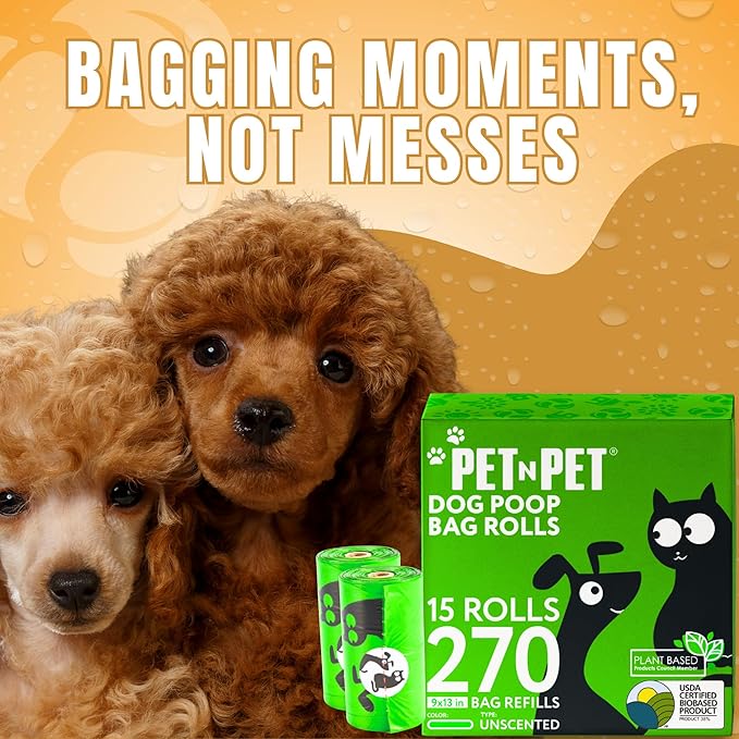 Pet N Pet 270 Counts Green Poop Bags for Dogs, 38% Plant Based & 62% PE Extra Thick Dog Poop Bags Rolls, 9" x 13", Unscented Dog Waste Bag, Pet Supplies for Dogs