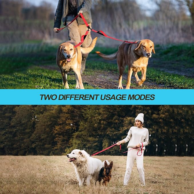 PetBonus Double Dog Leash, No Tangle Dual Leash, Reflective Walking Training Lead, 4 Comfortable Padded Handles for 2 Dogs with Collapsible Bowl and Waste Bags (Red, Large)