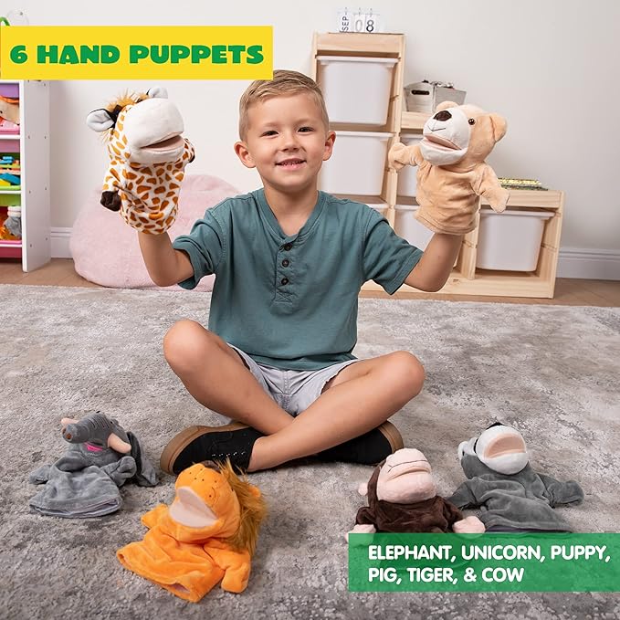 JOYIN 6Pcs Kids Hand Puppet Set with Working Mouth, Toddler Animal Plush Toy Includes Elephant, Giraffe, Lion, Bear, Raccoon and Monkey for Show Theater, Christmas Birthday Gifts for Kid Age 3+