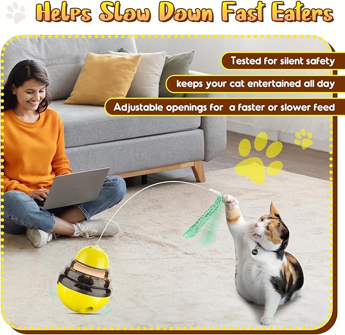 Interactive Cat Toys for Indoor Cats,Tumbler Toy for Kitten Tracking Balls Treat Dispenser for Bored Cat and Small Dogs to Chase and Exercise (Yellow)