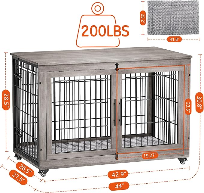 Lulive Dog Crate Furniture, XL Wooden Dog Kennel Indoor Double Doors Dog Cage, 44'' Heavy Duty Dog Crate with Cushion & Wheels, Decorative End Table Chew-Resistant for Extra Large/Medium, Grey