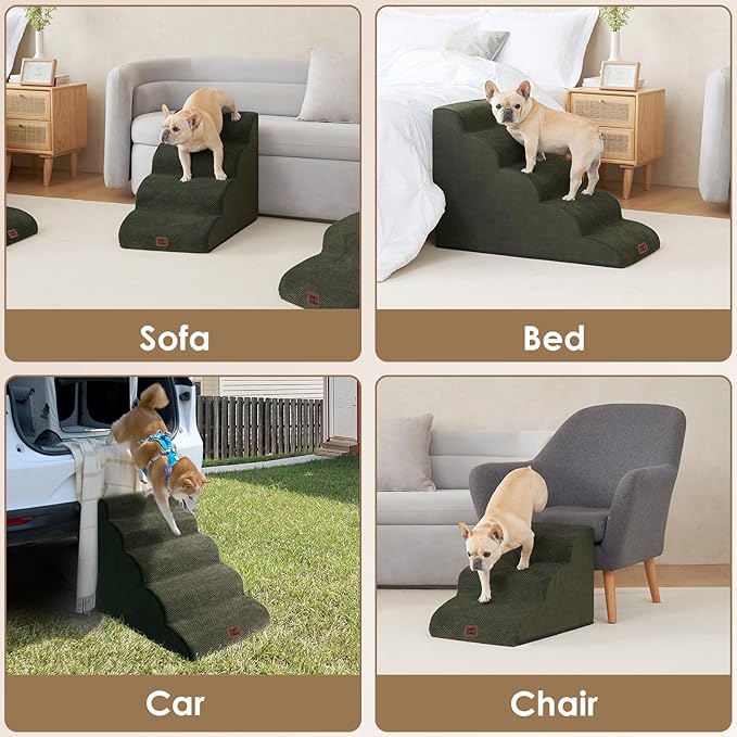EHEYCIGA Curved Dog Stairs Ramp for High Beds 19.7" H, 4-Step Dog Steps for Small Dogs and Cats, Pet Stairs for High Bed Climbing, Non-Slip Balanced Pet Step Indoor, Olive Green