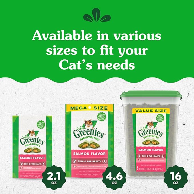 Greenies Feline Smartbites Skin & Fur Health Crunchy and Soft Cat Treats, Salmon Flavor, 16 oz. Tub