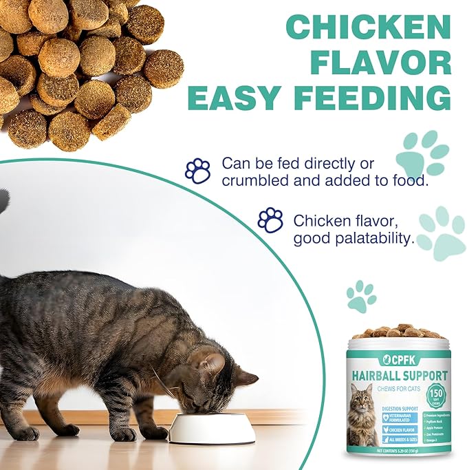 Cat Hairball Remedy Treats, 150 Soft Chews Cat Hair Ball Treatment Furball Control Relief Helps Eliminate and Prevent Hairballs for Indoor Cats Supports Skin and Coat Digestion Chicken Flavor