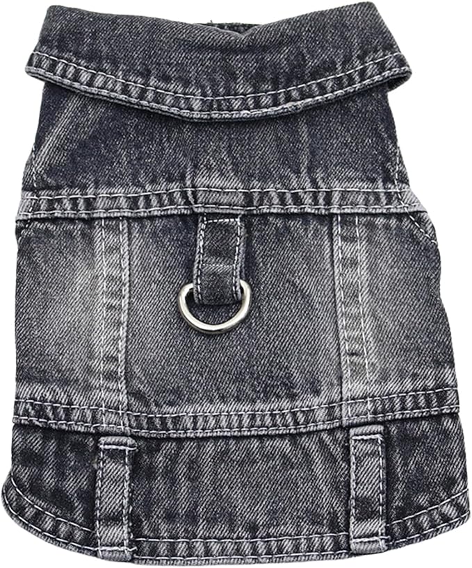 Puppy Clothes for Small Dogs Boy,Classic Western Denim Dog Coat,Dog Jeans Jacket with Leash D-Ring,Pet Cat Costumes,Cooling Harness Vest for Walking (Black, X-Small)