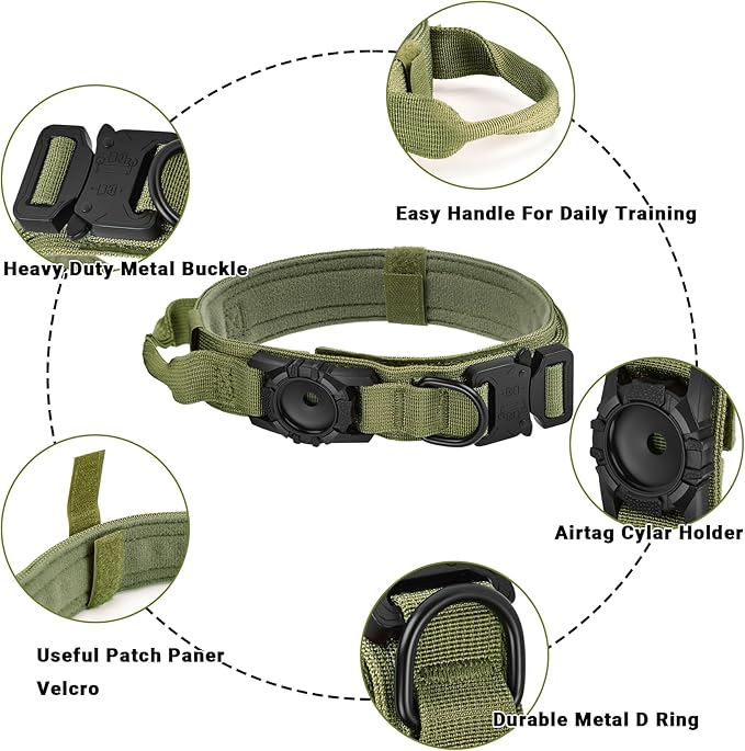Tactical AirTag Dog Collar - Heavy Duty, Adjustable GPS Collar Compatible with Apple AirTag, with Holder & Control Handle for Medium/Large Dogs [ Green, M ]
