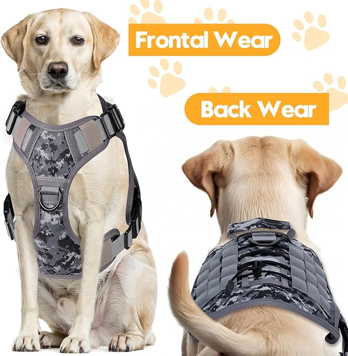 Heavy-Duty Tactical Dog Harness for Large Dogs, No Pull Adjustable Reflective Pet Vest with Molle System, K9 Military-Grade Control for Service Training, Outdoor & 10+ Breeds, Gray Camo, X-Large