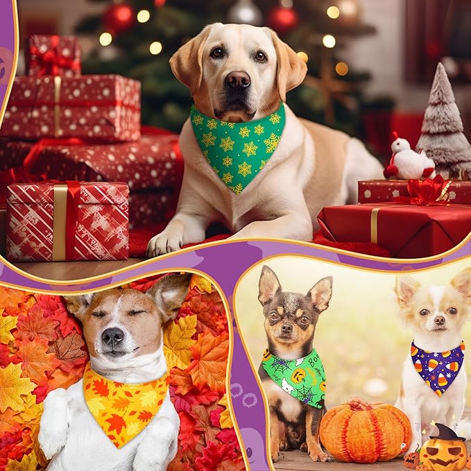 Preboun 100 Pcs Holiday Dog Bandanas Bulk Fall Halloween Christmas Bandanas for Dogs Triangle Kerchief Bib Scarf Set for Pet Party Costume Photo Props Accessories Pet Shops Groomers, 25 Styles
