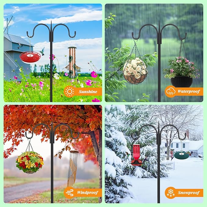 FEED GARDEN Adjustable Double Shepherds Hook for Outdoor with 5 Prong Base 92 Inch Heavy Duty Two Sided Bird Feeder Pole for Hanging Plant Baskets, Solar Light Lanterns, Wind Chimes