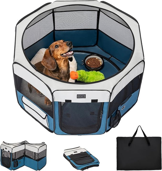 PETSFIT Portable Dog Playpen,36" Dog Play Pen Indoors with Removable Waterproof Mat & Zippered Roof | RV, Camping, Travel Dog Pen | Whelping & Cat Observation Space(36" L x 36" W x 21" H)