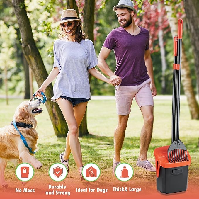TIMINGILA 36" Pooper Scooper Swivel Bin & Rake with 100 Dog Poop Bags,Adjustable Long Handle for No-Bend Cleanup,Portable Non-Breakable Dog Poop Scooper for Large Medium Small Dogs