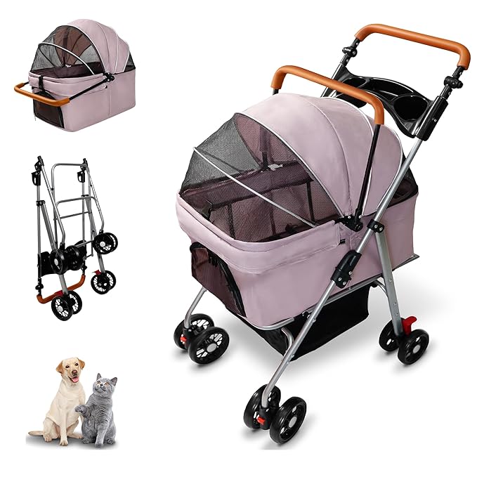 Pet Stroller with Storage Basket and Cup Holder, Folding Dog Jogger, Foldable Cat Stroller, 3 in 1 Puppy Kitten Cart, Pet Jogger for Medium Dog Cat (Pink)