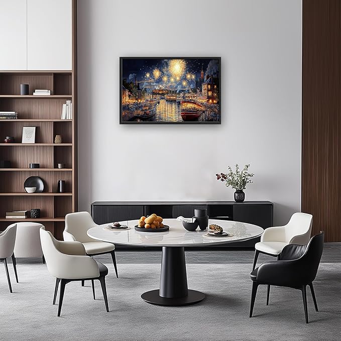 Framed Large Firework Night Sky Wall Art, Oversized European City Landscape Wall Decor for Living Room, River Boats Canvas Pictures Home Decoration for Living Room Bedroom Office 36"x24"
