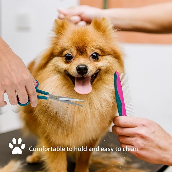 Professional Pet Grooming Kit, Stainless Steel Dog & Cat Grooming Shears with Rounded Tip Blades for Safe Fur Trimming, Thinning Shears, Straight Scissors, and Pet Comb (Set of 3)