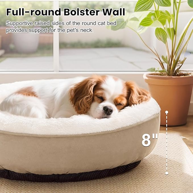 Love's cabin Round Donut Cat and Dog Cushion Bed, 25in Pet Bed for Small or Medium Dogs, Anti-Slip & Water-Resistant Bottom, Soft Durable Fabric Pet Beds, Washable Calming Cat & Dog Bed Camel