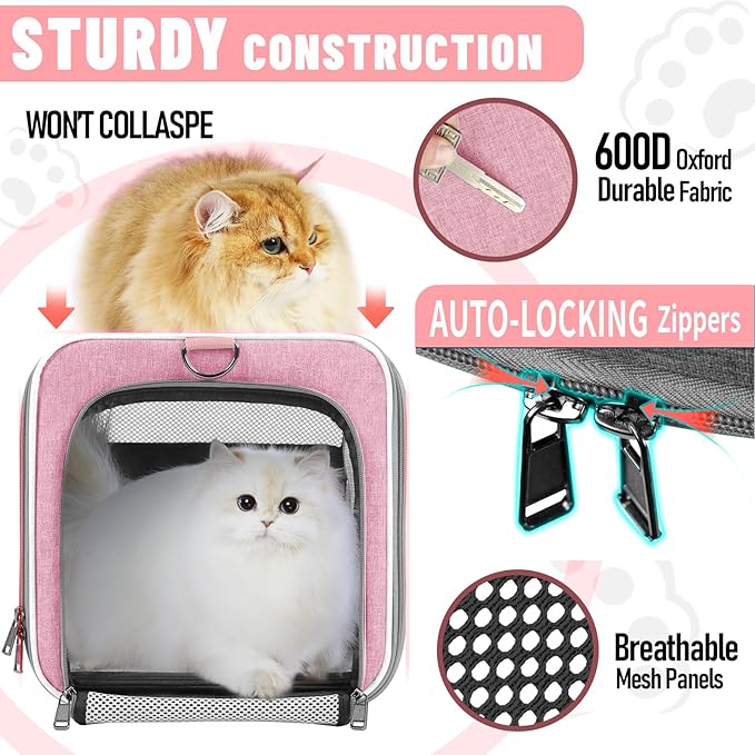 Cat Carrier 20lbs Top Open/Soft Sided Small Pet Dog Travel Carrying Crate/Collapsible Puppy Transport Carry Bag/Sturdy Pet Cages Chihuahuas Mini Dog 10lbs Pink