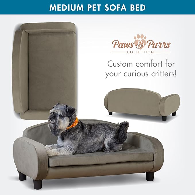 Paws & Purrs Multi-Cat Sofa Elevated Pet Bed for Indoor Cats Raised Cats Couch with Removable Washable Mattress Cover for Kittens, Dogs - 35.5" Wide, Ash