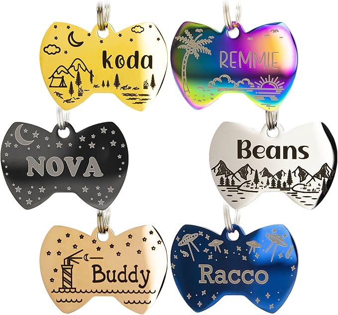 Personalized Dog Tag with 5 Lines of Custom Deep Engraved Durable Stainless Steel Pet ID Name Tag Designer Small Size Bow Tie
