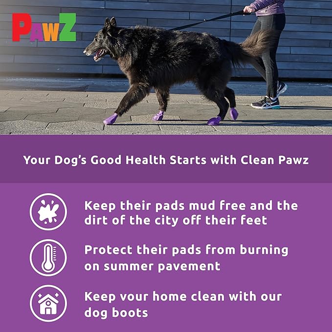 PawZ Rubber Dog Boots for Paws up to 4", 24 Total (2 Packs of 12) - All-Weather Dog Booties for Hot Pavement, Snow, Mud, and Rain - Waterproof, Anti Slip Dog Socks - Large, Purple